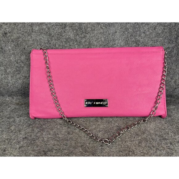 Betsey Johnson Clutch Bag Womens Medium Pink Faux Leather Studded Chain Strap - Picture 1 of 7